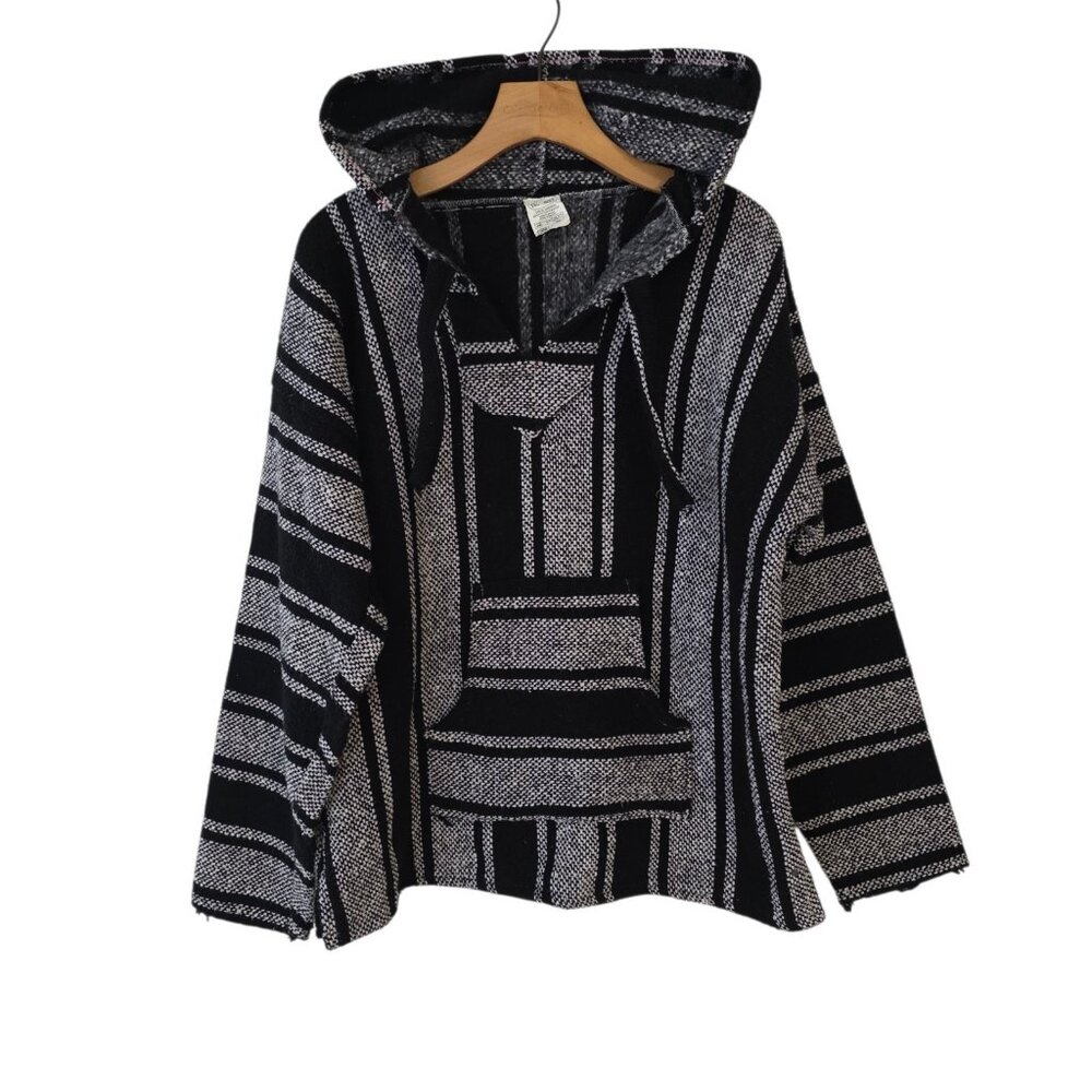 Vtg Vel-Mex Mexican Pancho Drug Rug Hoodie Surfer Skater Boho Black‎ White Large